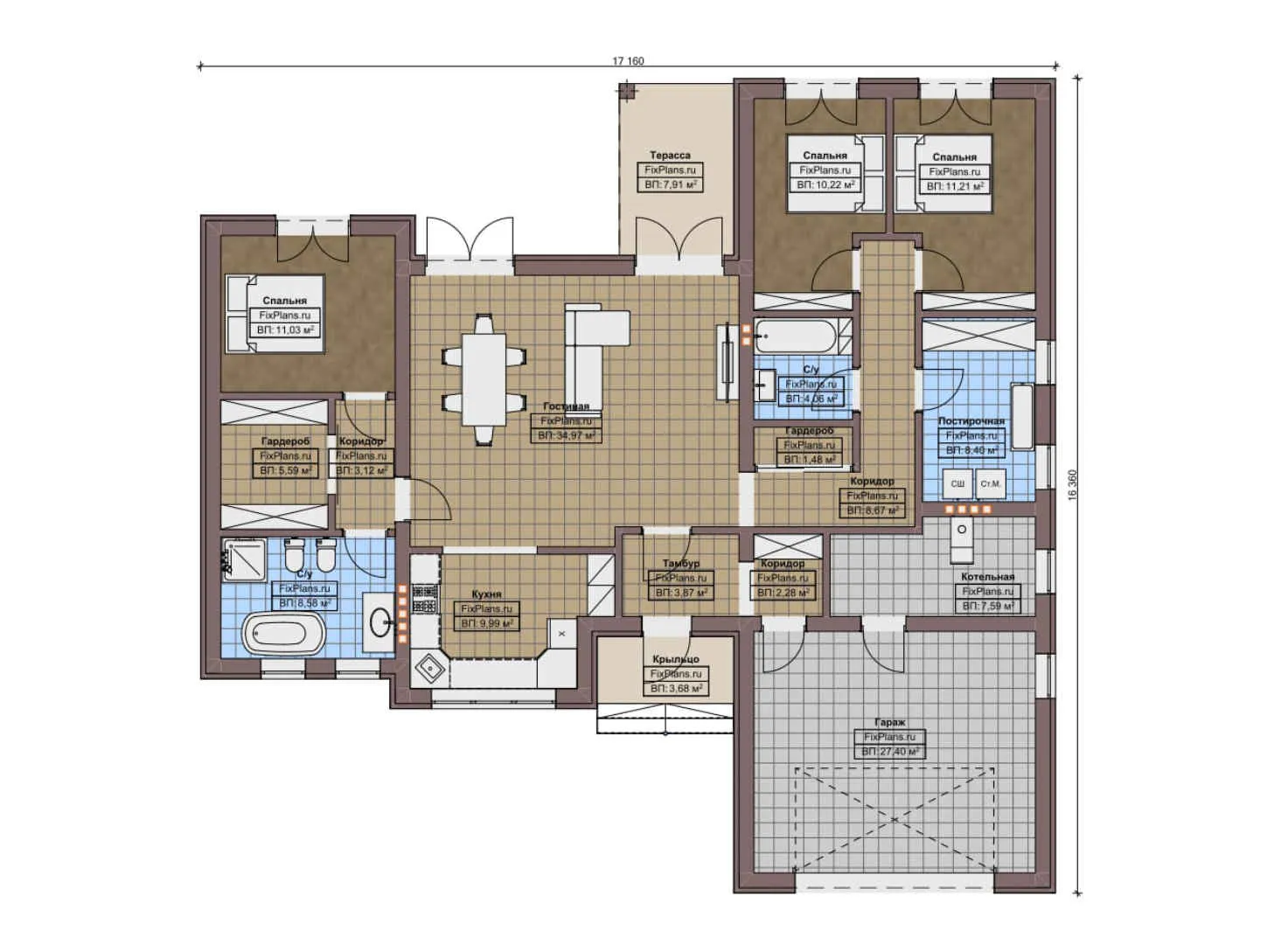 F-6272 - План одноэтажного дома 17 на 18, площадью 170 м² с террасой, гаражом на 1 машину и 3 спальнями