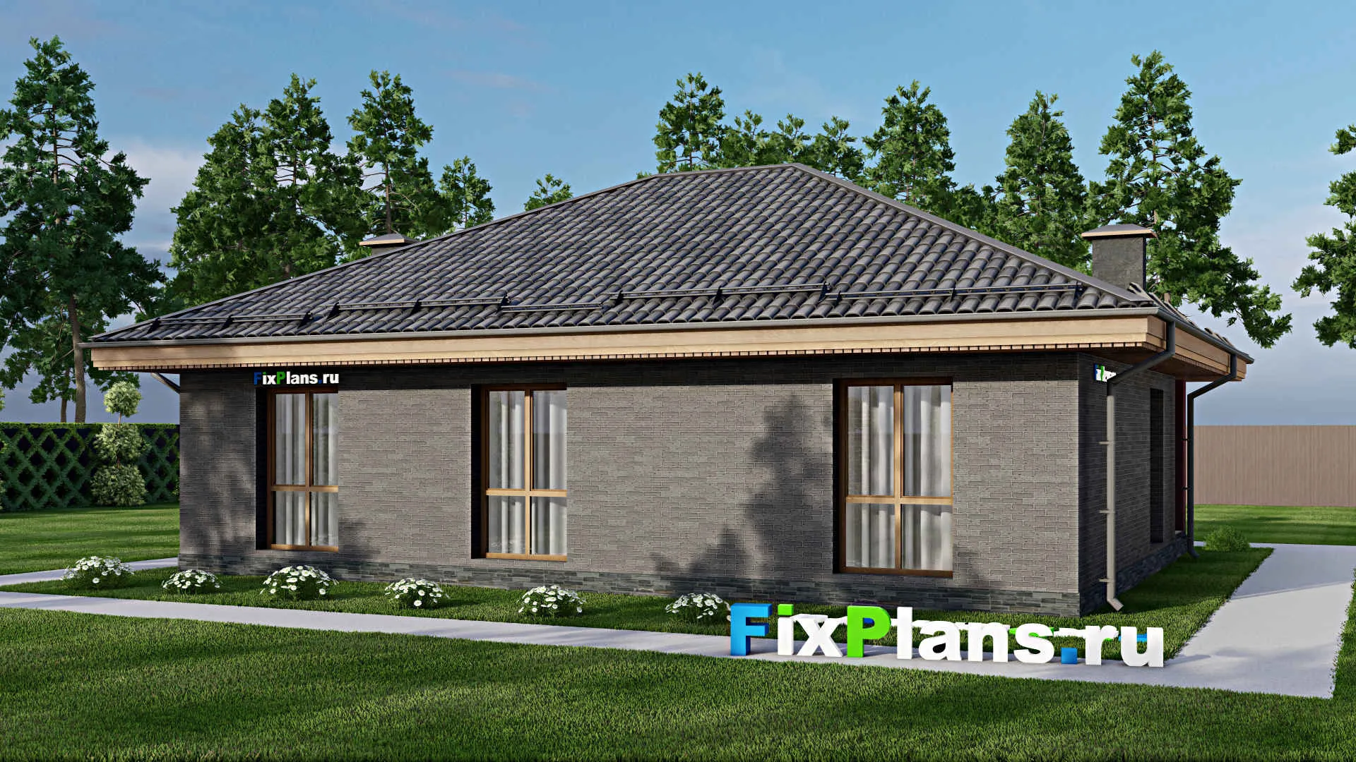 F-7874 - План одноэтажного дома 11 на 14, площадью 120 м² с террасой и 3 спальнями