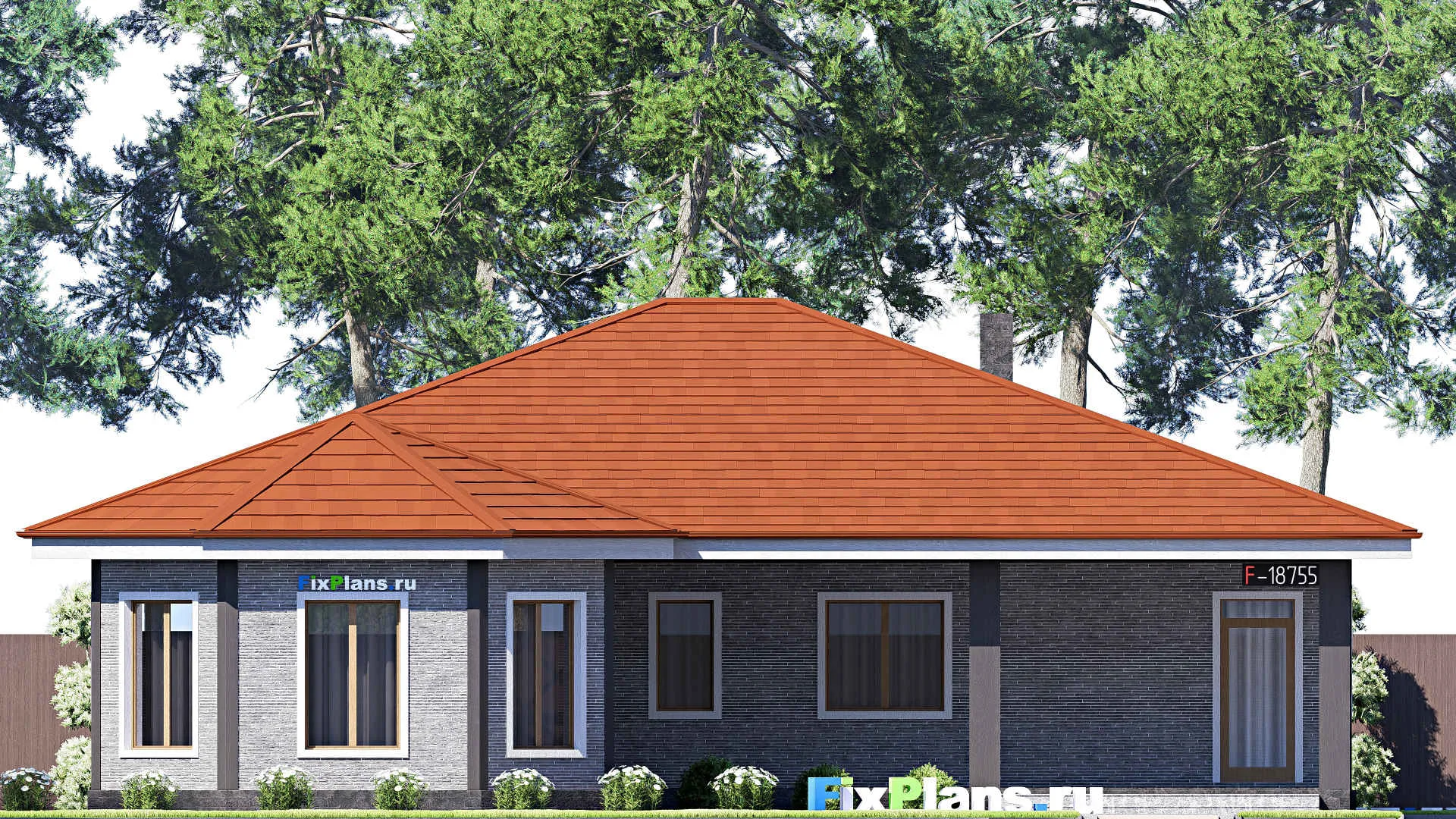 F-18755 - Проект одноэтажного дома 17 на 22, площадью 240 м² с террасой и 3 спальнями