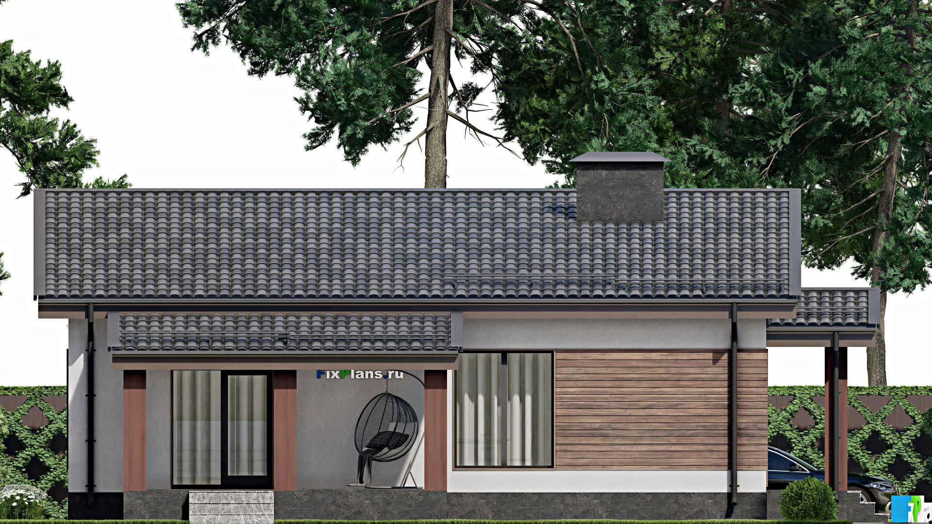 F-6632 - Проект одноэтажного дома 14 на 16, площадью 150 м² с террасой и 3 спальнями