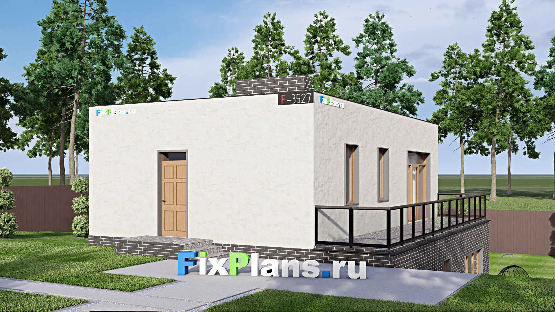 F-3527 - Проект одноэтажного дома 10 на 14, площадью 210 м² с террасой, цокольным этажом, баней и 2 спальнями