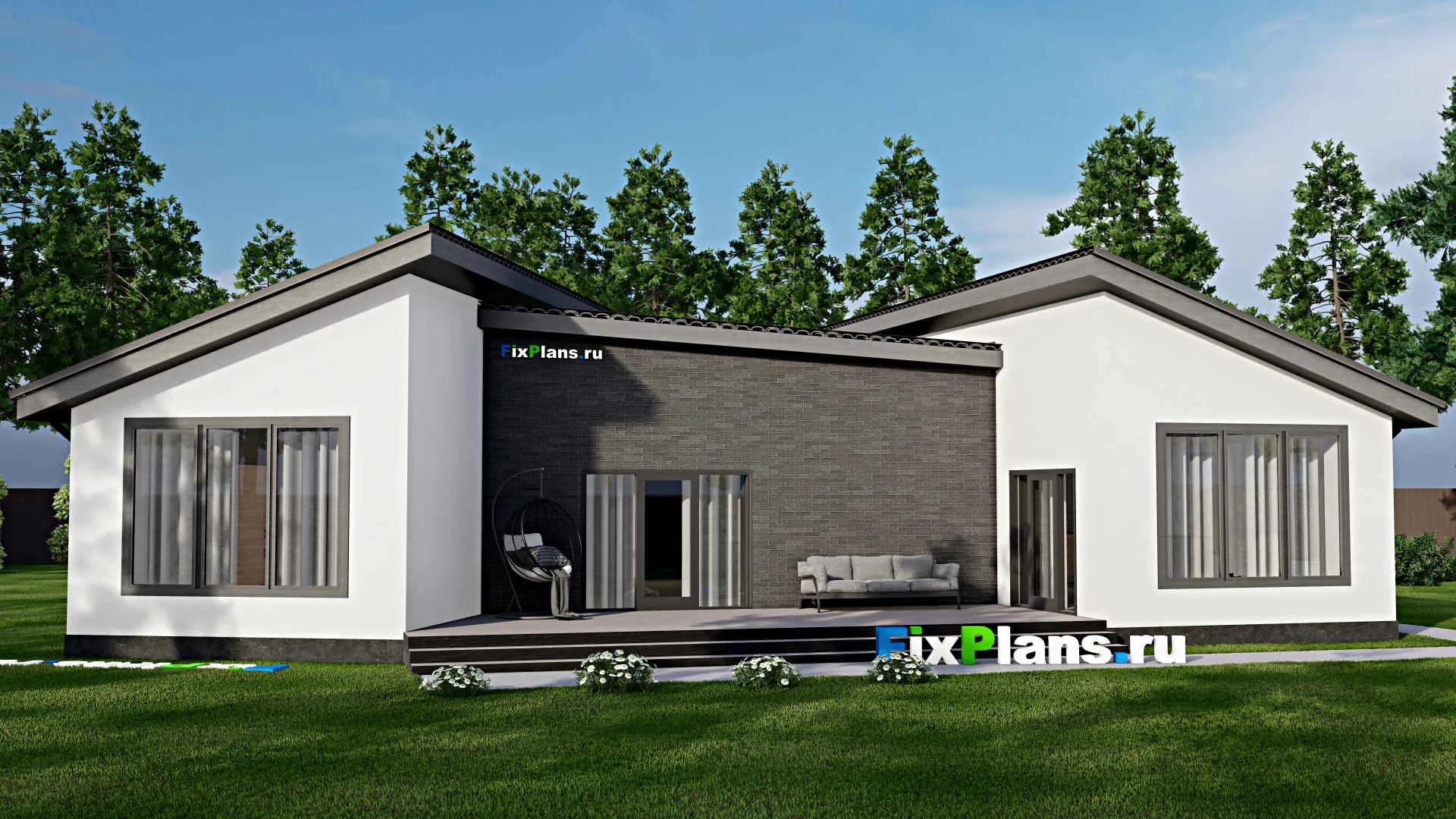 F-4211 - Проект одноэтажного дома 18 на 18, площадью 190 м² с террасой и 3 спальнями