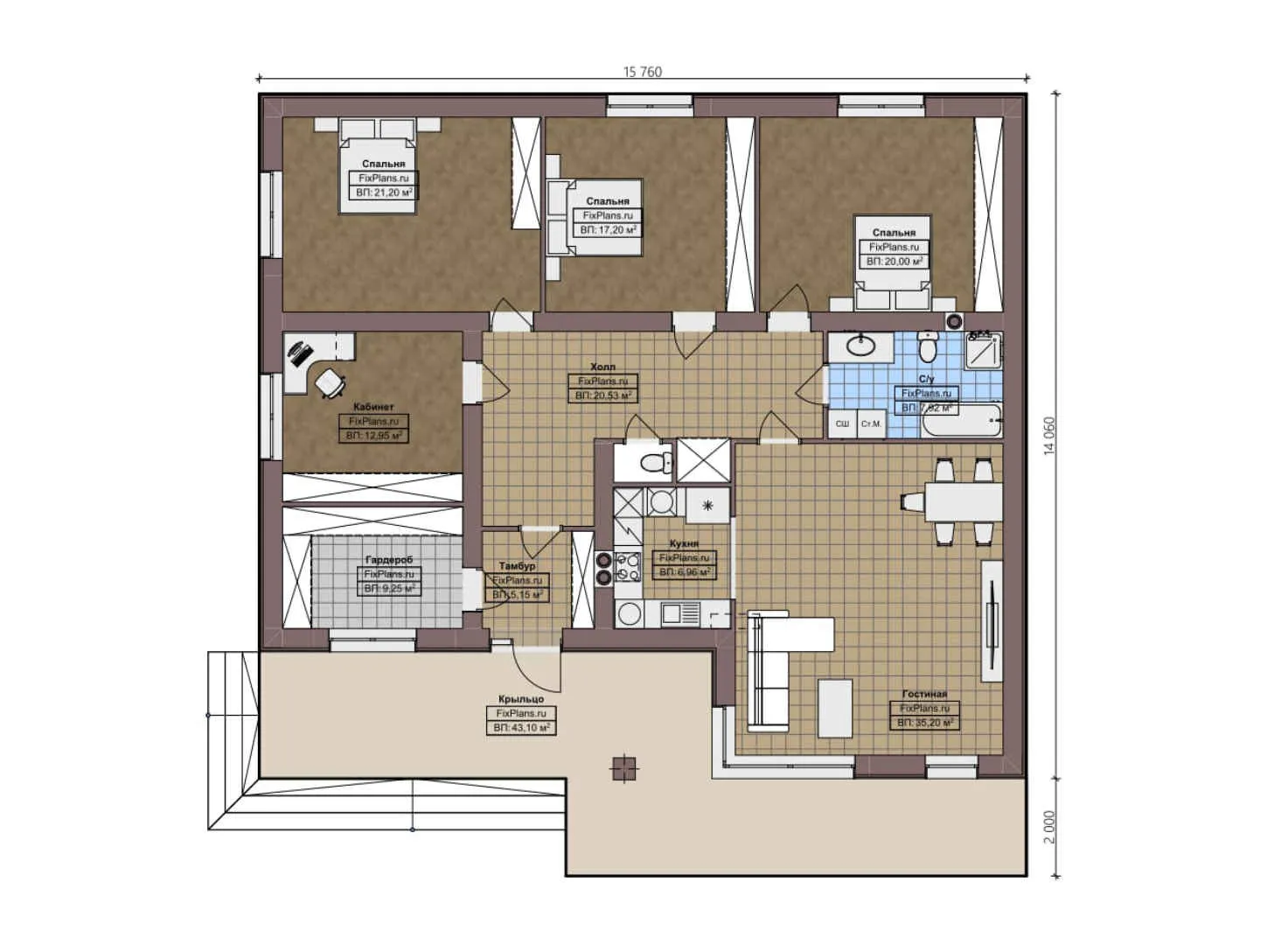 F-2186 - План одноэтажного дома 15 на 16, площадью 200 м² с 3 спальнями