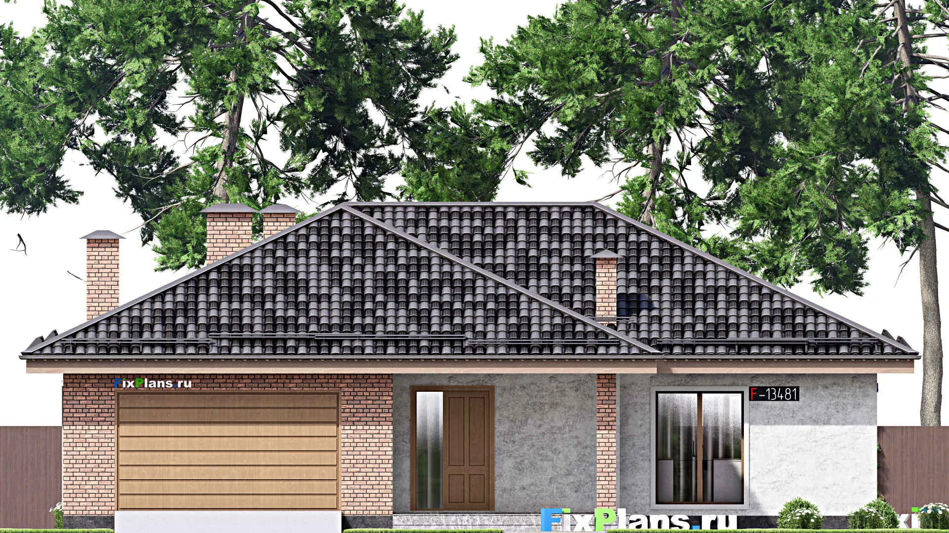 F-13481 - Проект одноэтажного дома 17 на 20, площадью 230 м² с террасой, гаражом на 2 машины и 3 спальнями