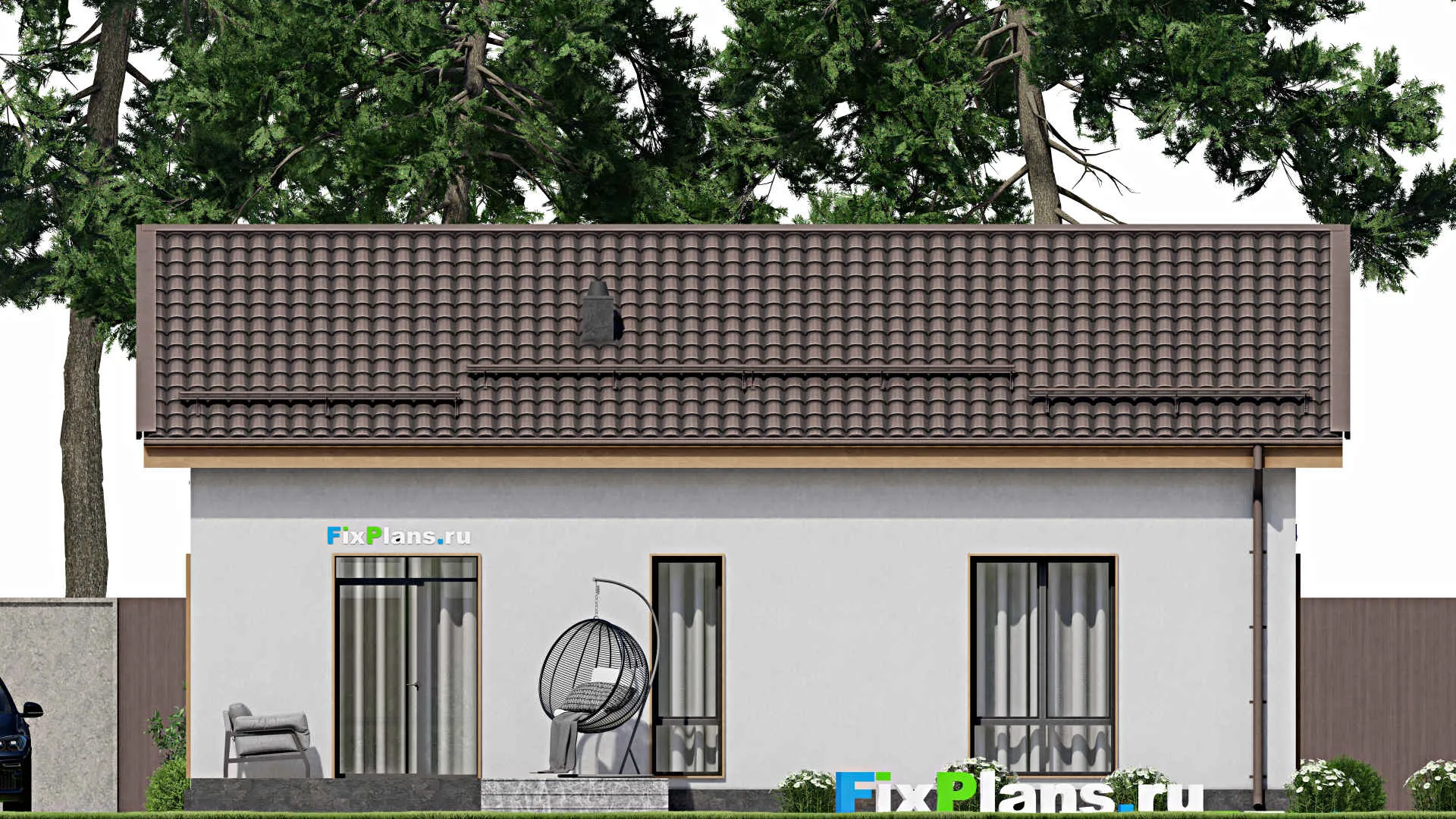 F-3005 - Проект одноэтажного дома 9 на 12, площадью 100 м² с террасой и 2 спальнями