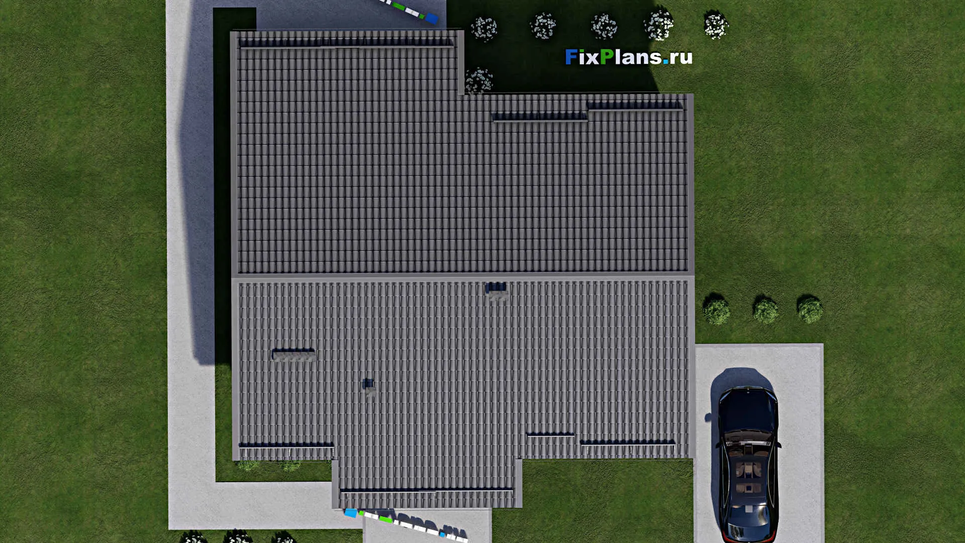 F-9917 - План одноэтажного дома 14 на 14, площадью 130 м² с террасой и 3 спальнями