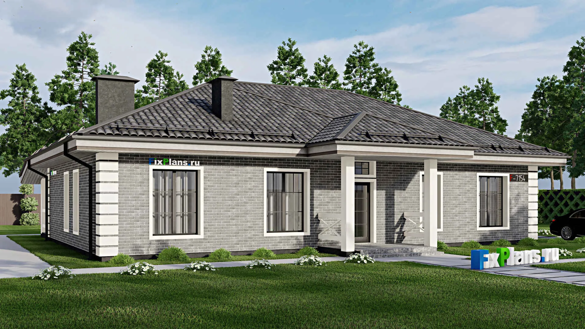 F-7154 - Проект одноэтажного дома 11 на 17, площадью 200 м² с террасой и 4 спальнями