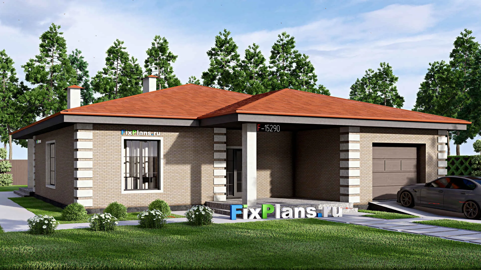 F-15290 - Проект одноэтажного дома 16 на 19, площадью 220 м² с террасой, гаражом на 1 машину и 3 спальнями