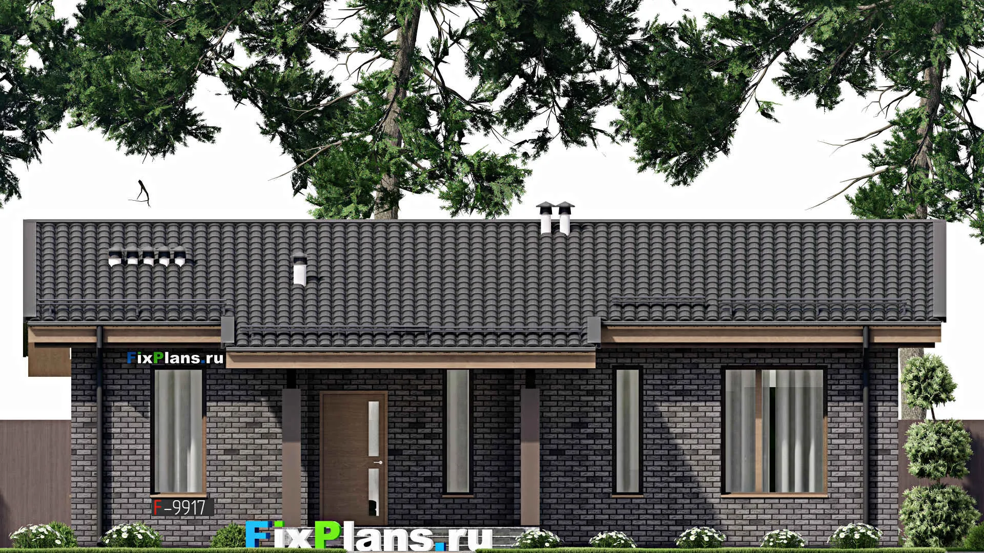 F-9917 - План одноэтажного дома 14 на 14, площадью 130 м² с террасой и 3 спальнями