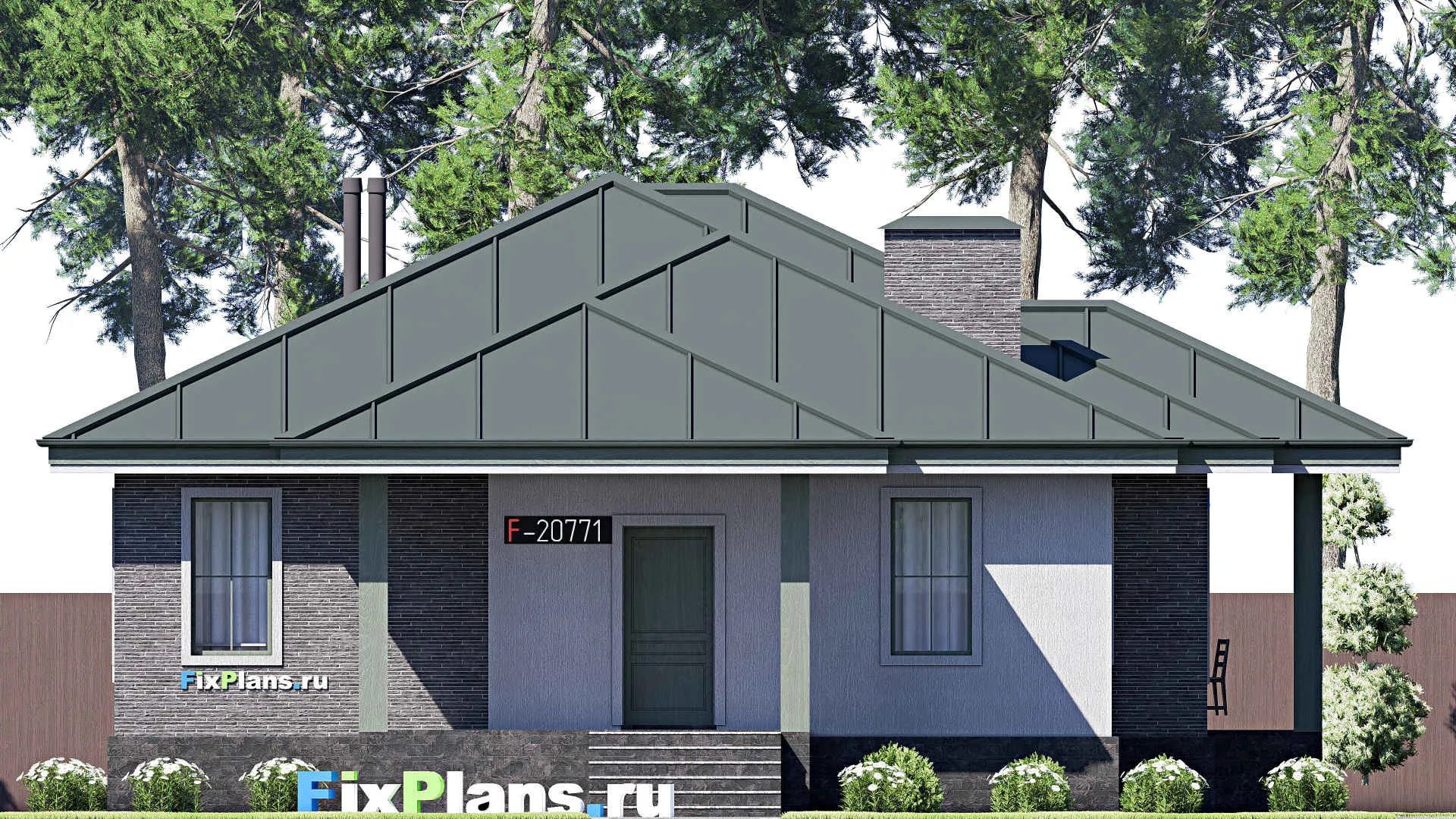 F-20771 - План одноэтажного дома 13 на 15, площадью 120 м² с террасой и 3 спальнями