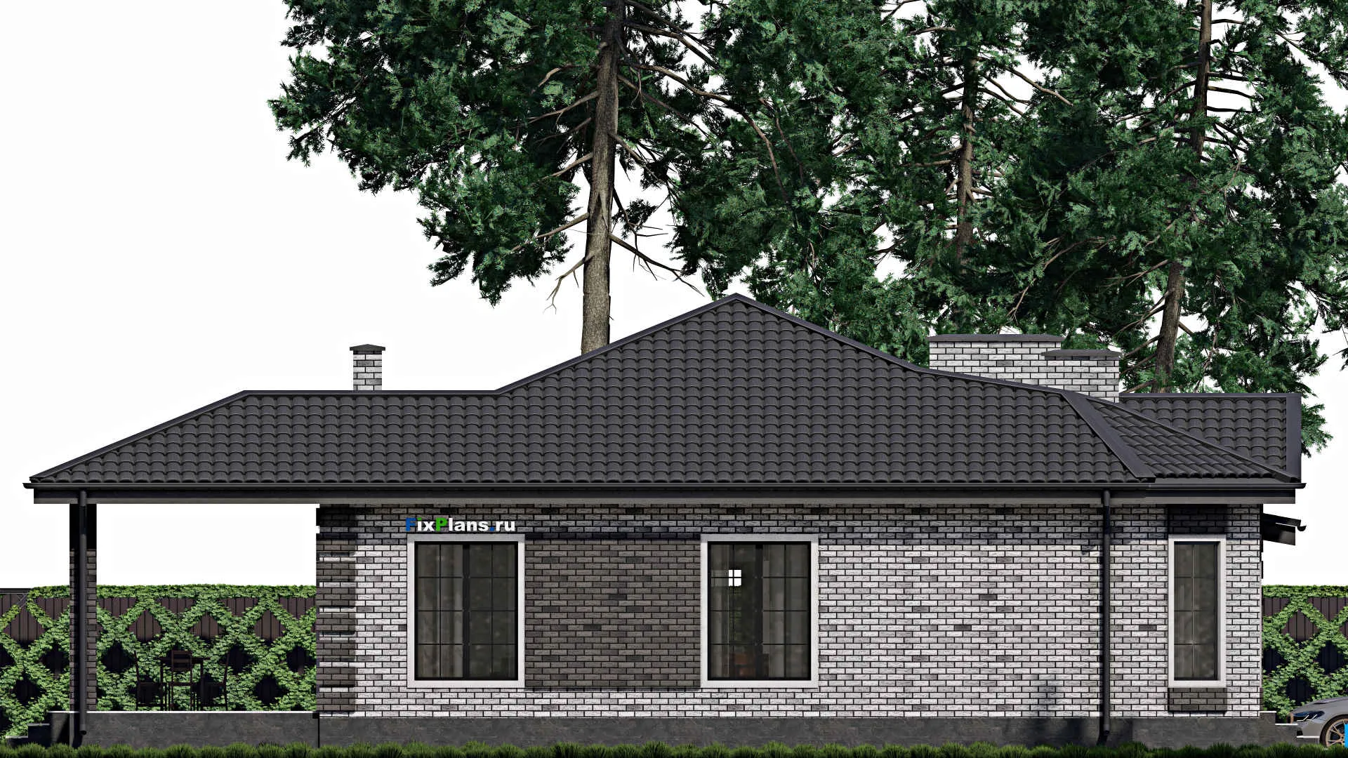 F-0845i - Проект одноэтажного дома 14 на 14, площадью 160 м² с террасой и 3 спальнями