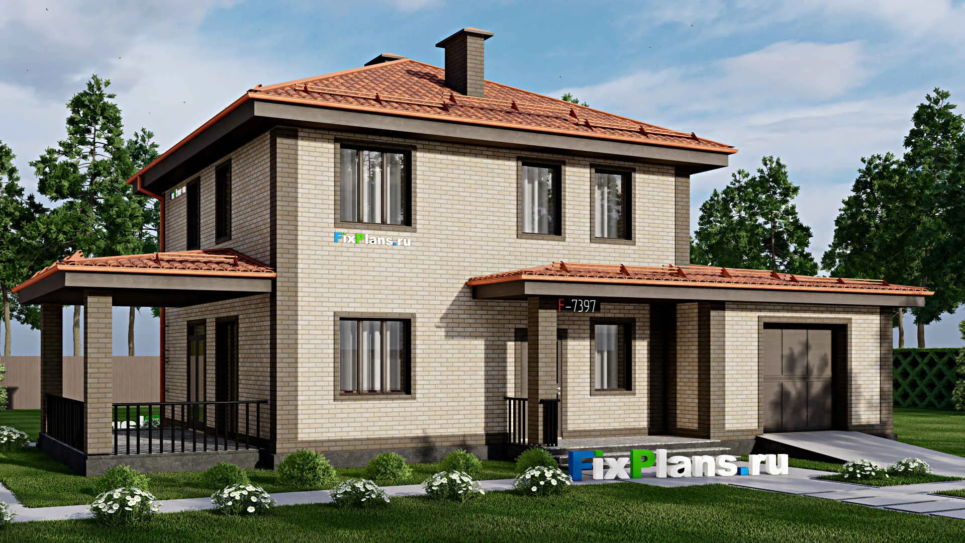 F-7397 - Проект двухэтажного дома 11 на 18, площадью 200 м² с террасой, гаражом на 1 машину и 3 спальнями