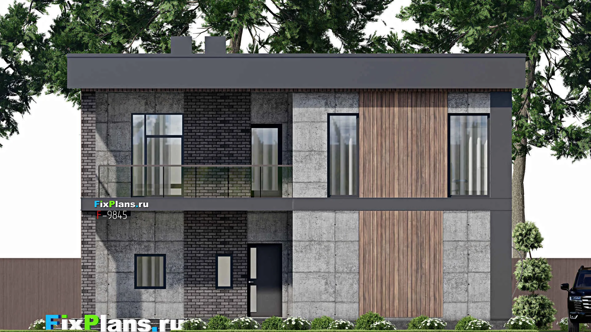 F-9845 - Проект двухэтажного дома 13 на 19, площадью 550 м² с террасой, балконом, баней, бассейном и 8 спальнями