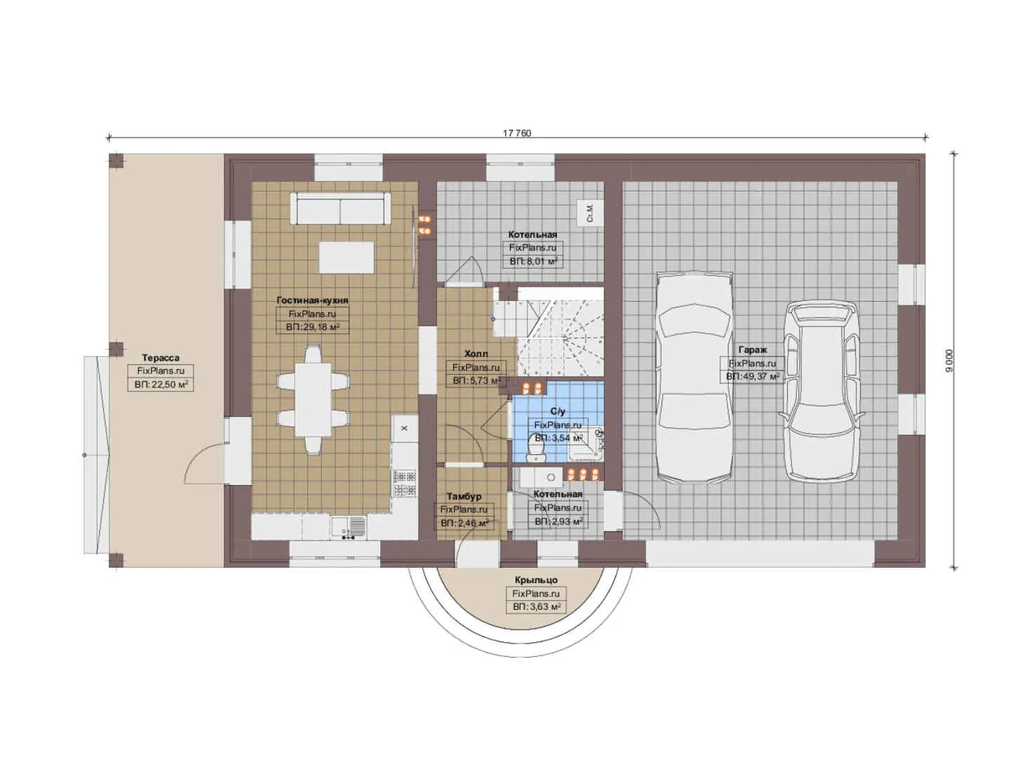 F-13364 - Планы двухэтажного дома 9 на 18, площадью 180 м² с террасой, гаражом на 2 машины и 3 спальнями