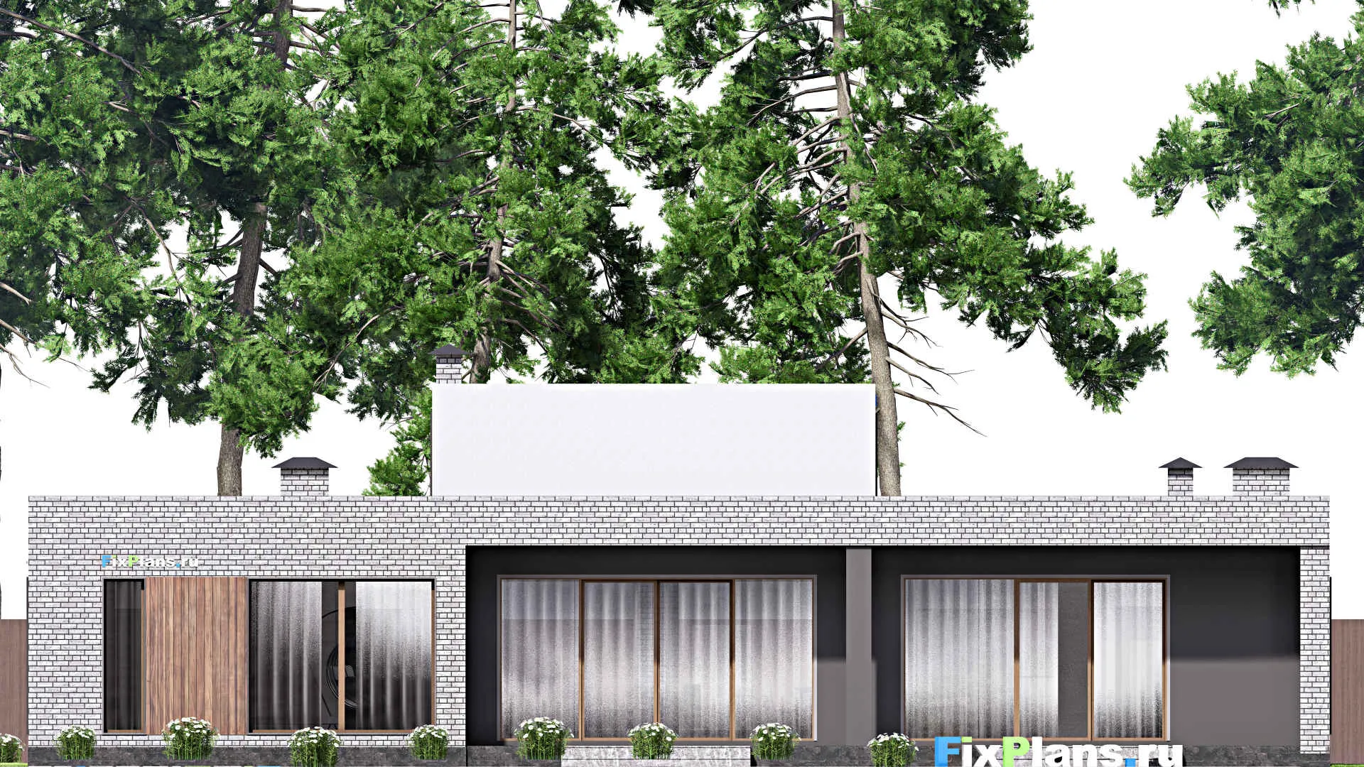 F-15749 - Проект одноэтажного дома 21 на 21, площадью 300 м² с террасой, гаражом на 2 машины и 3 спальнями