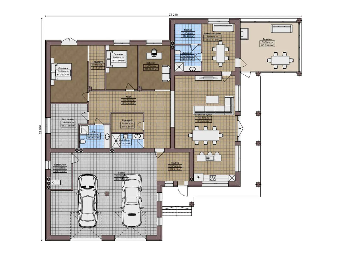 F-8333 - План одноэтажного дома 22 на 25, площадью 300 м² с террасой, баней, гаражом на 2 машины и 2 спальнями