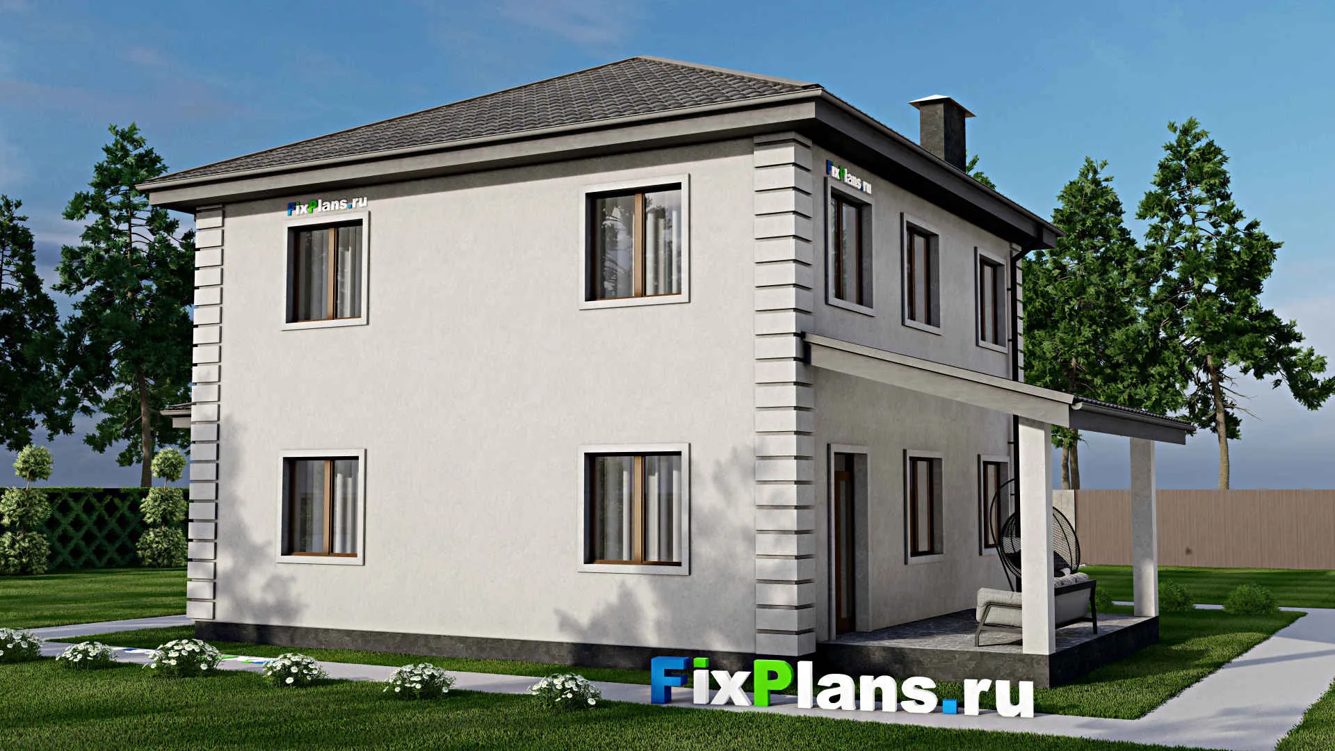 F-8567 - Проект двухэтажного дома 15 на 17, площадью 220 м² с террасой, гаражом на 2 машины и 4 спальнями