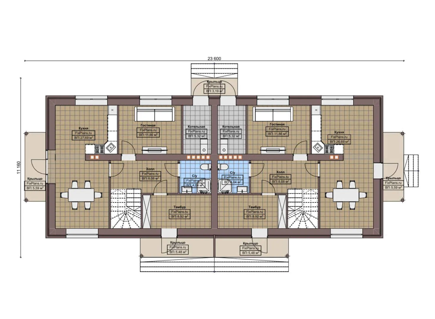 F-6911 - Планы двухэтажного дома 12 на 24, площадью 290 м² с 6 спальнями