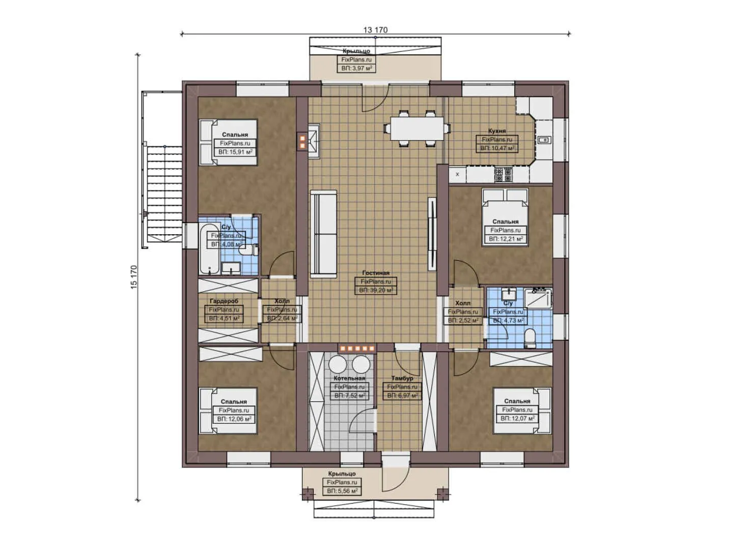 F-8981 - План одноэтажного дома 14 на 16, площадью 210 м² с террасой, цокольным этажом и 4 спальнями
