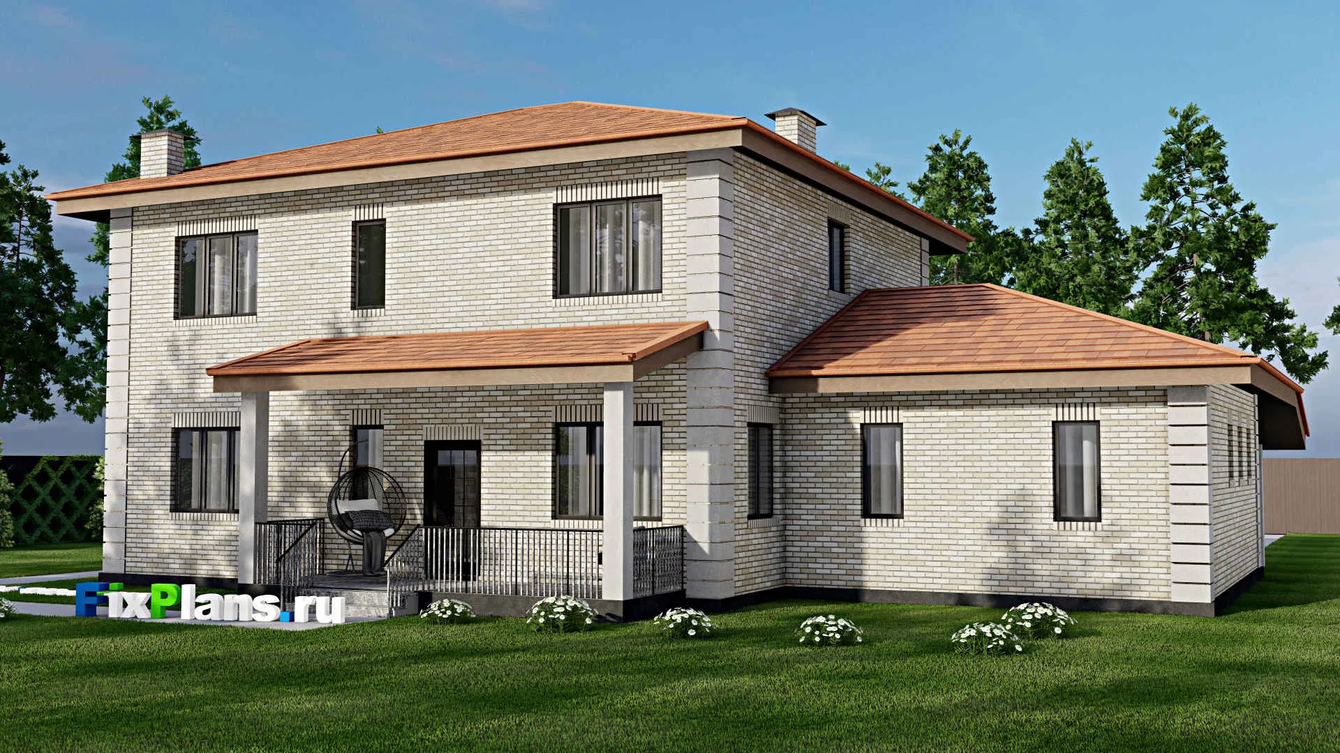 F-12365 - Проект двухэтажного дома 15 на 19, площадью 260 м² с террасой, гаражом на 1 машину и 4 спальнями