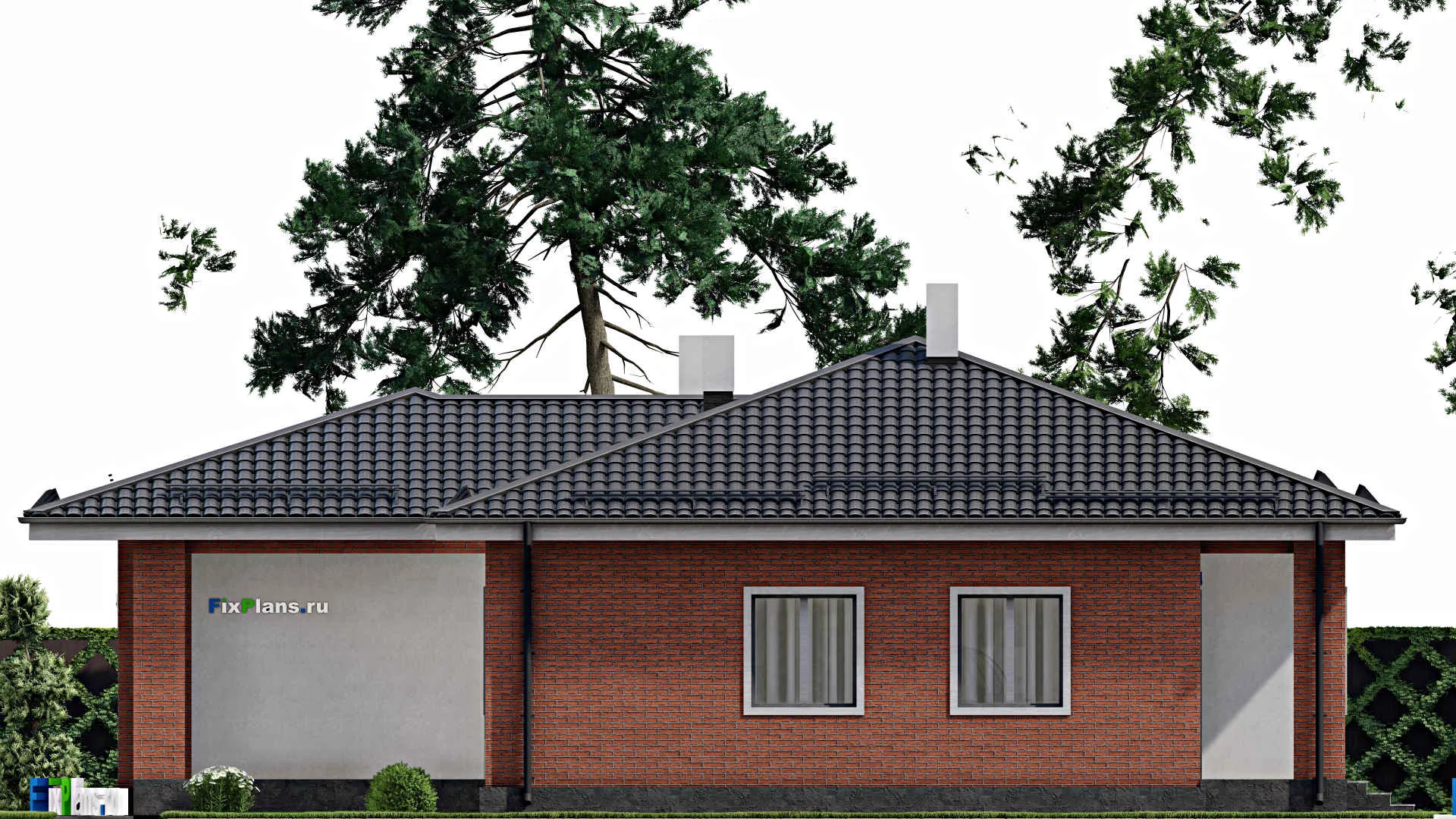 F-4958 - Проект одноэтажного дома 14 на 16, площадью 150 м² с террасой, гаражом на 1 машину и 2 спальнями