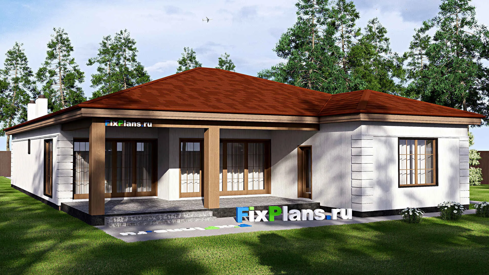 F-17270 - Проект одноэтажного дома 15 на 24, площадью 240 м² с террасой, гаражом на 2 машины и 4 спальнями