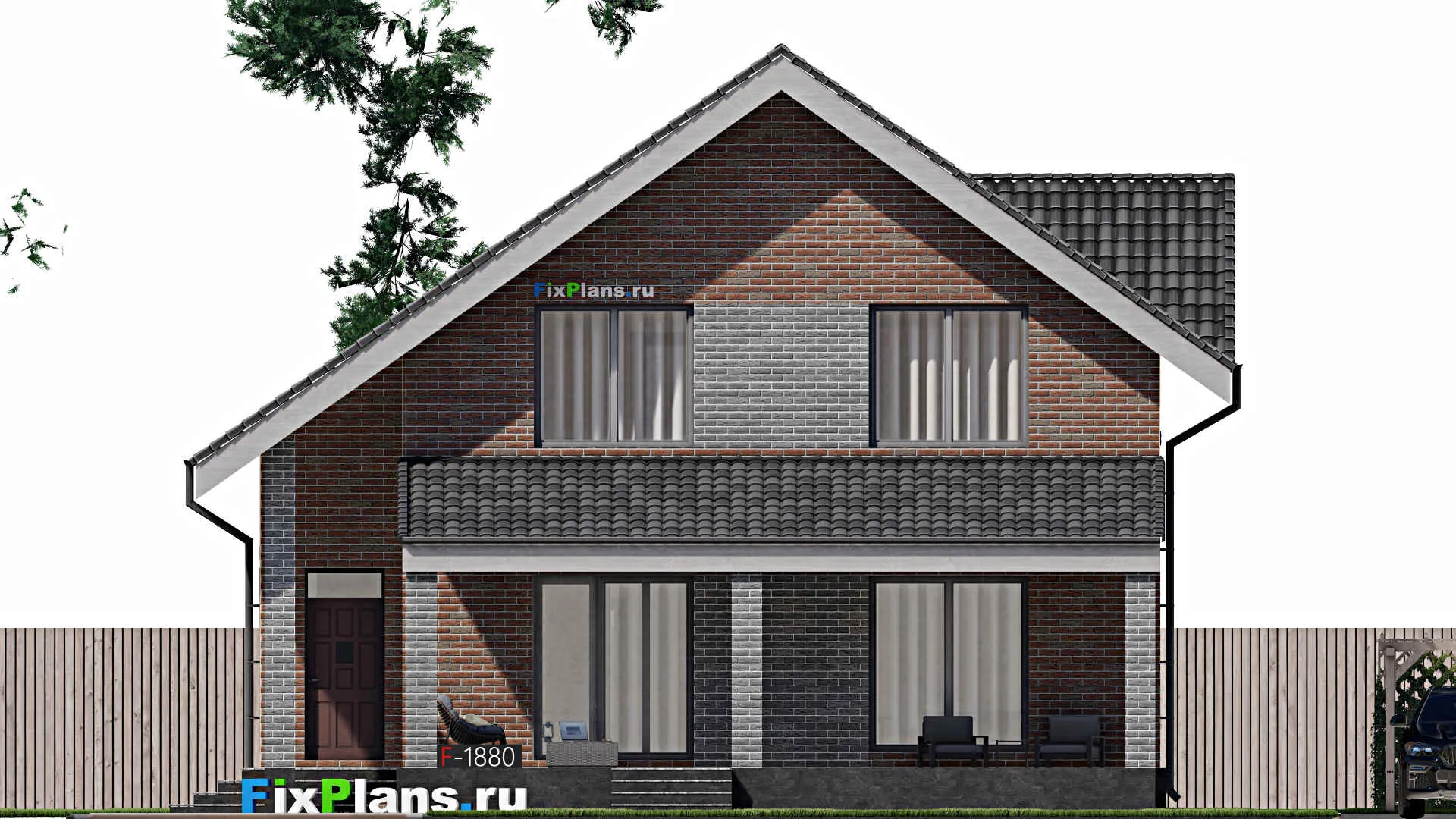 F-1880 - Проект дома с мансардой 12 на 12, площадью 210 м² с террасой и 4 спальнями