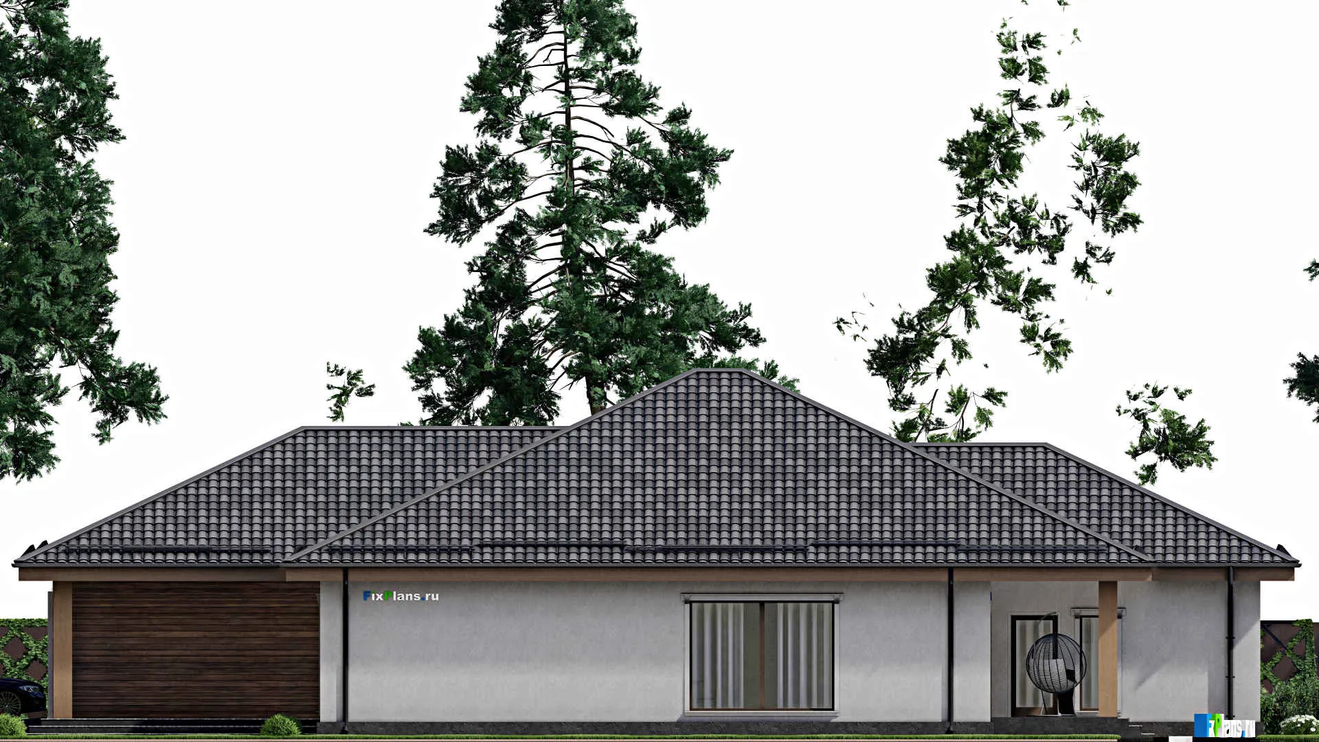 F-10295 - Проект одноэтажного дома 16 на 25, площадью 290 м² с террасой, баней, гаражом на 2 машины и 3 спальнями