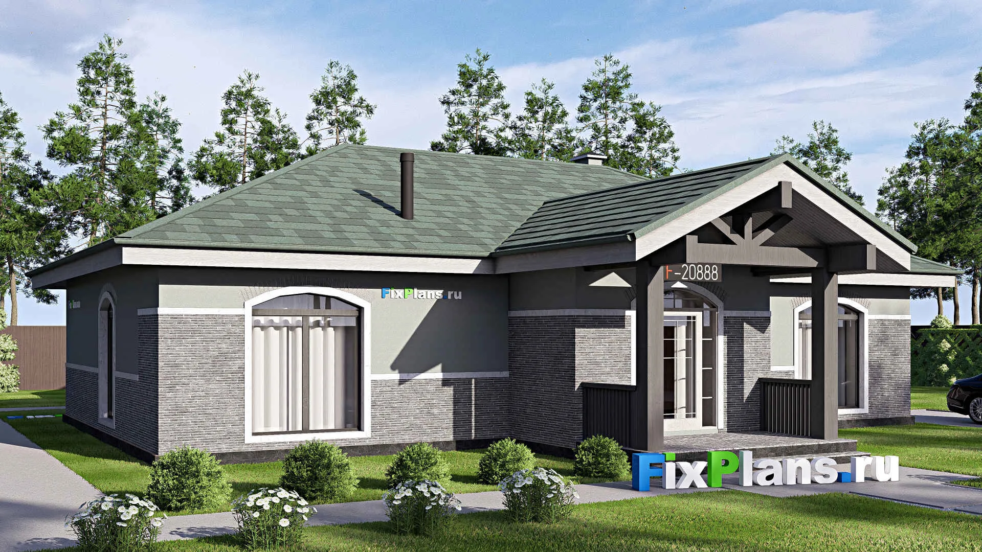 F-20888 - Проект одноэтажного дома 17 на 19, площадью 180 м² с террасой, баней и 3 спальнями