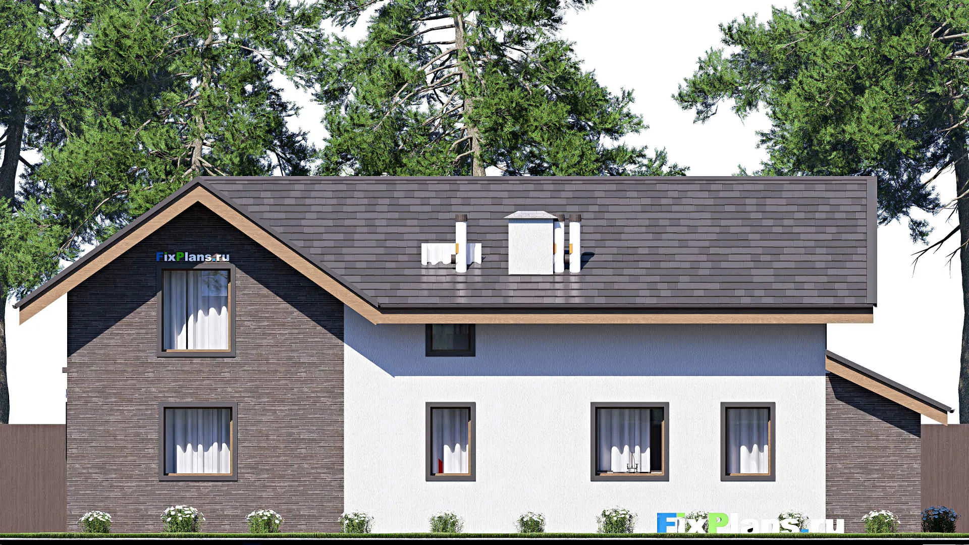 F-19664 - Проект дома с мансардой 11 на 18, площадью 250 м² с террасой, гаражом на 1 машину и 5 спальнями