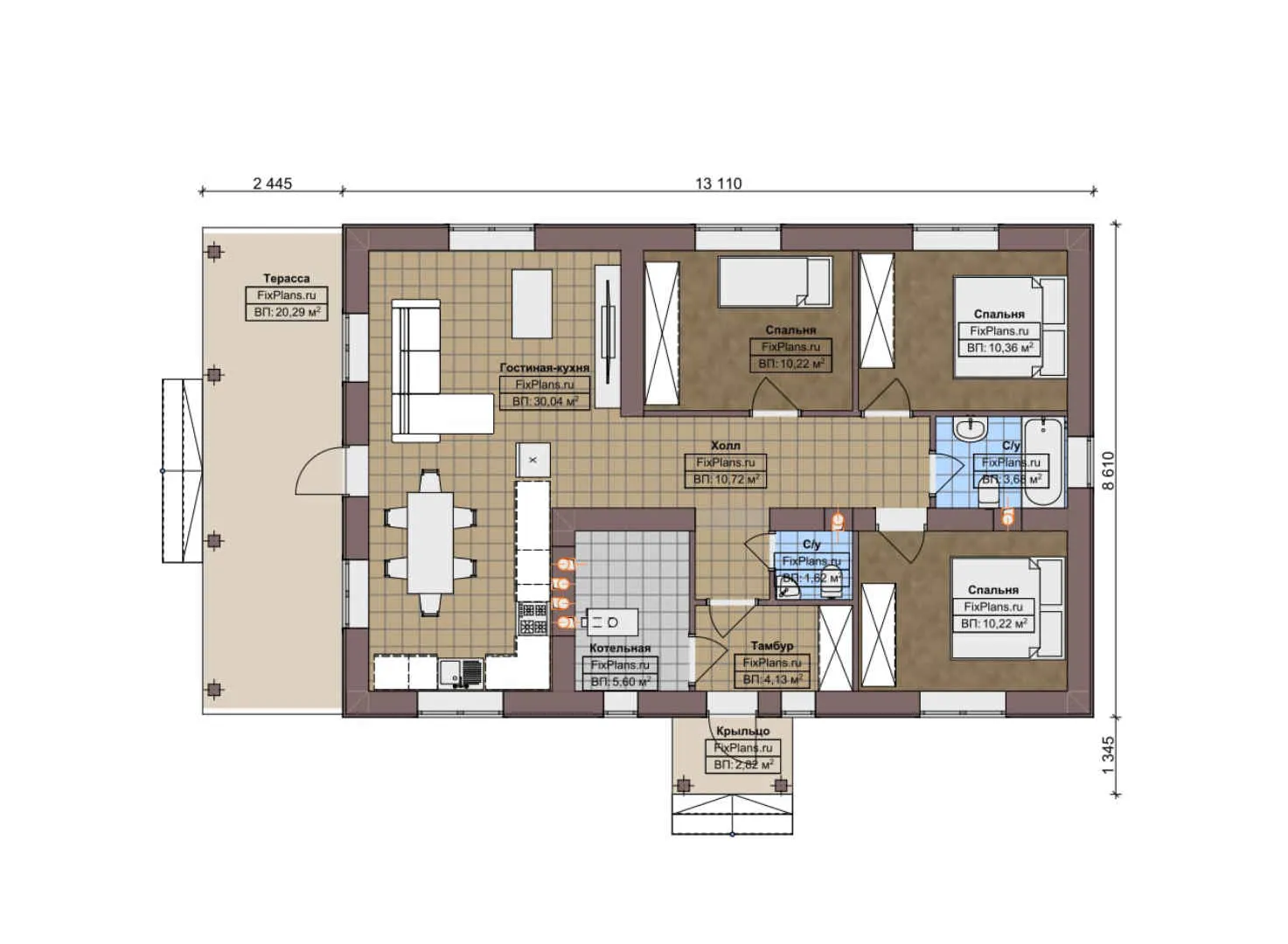 F-5552 - План одноэтажного дома 9 на 14, площадью 110 м² с террасой и 3 спальнями