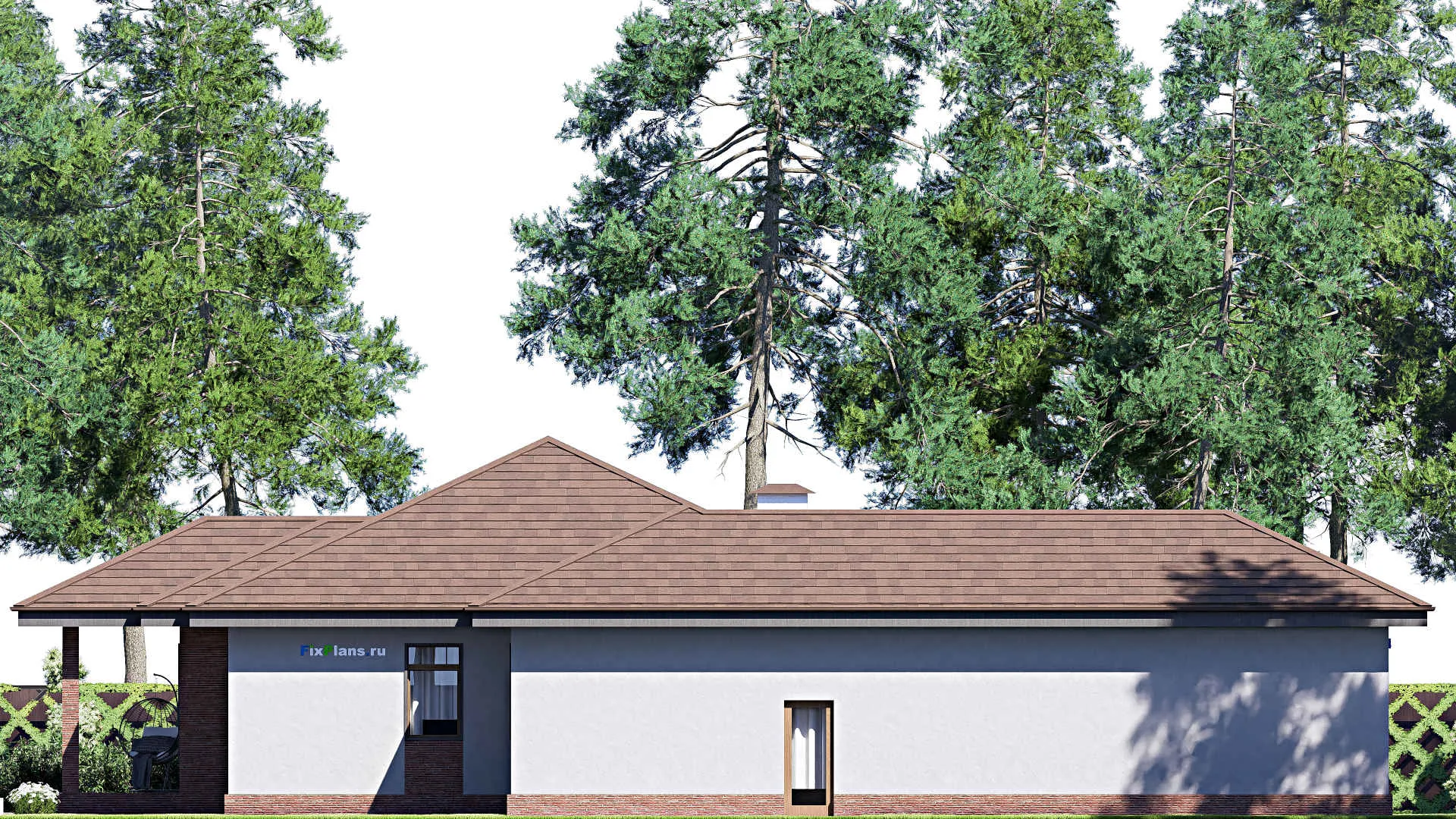 F-18674 - Проект одноэтажного дома 22 на 24, площадью 270 м² с террасой, гаражом на 2 машины и 3 спальнями