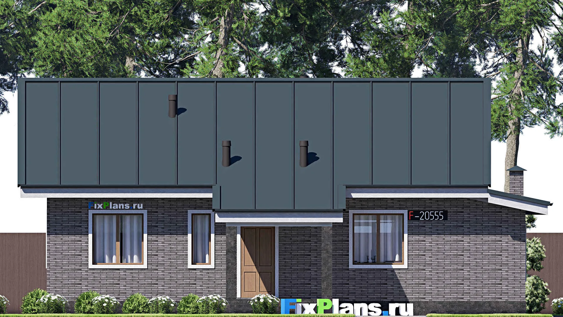 F-20555 - Проект одноэтажного дома 14 на 14, площадью 130 м² с террасой и 3 спальнями