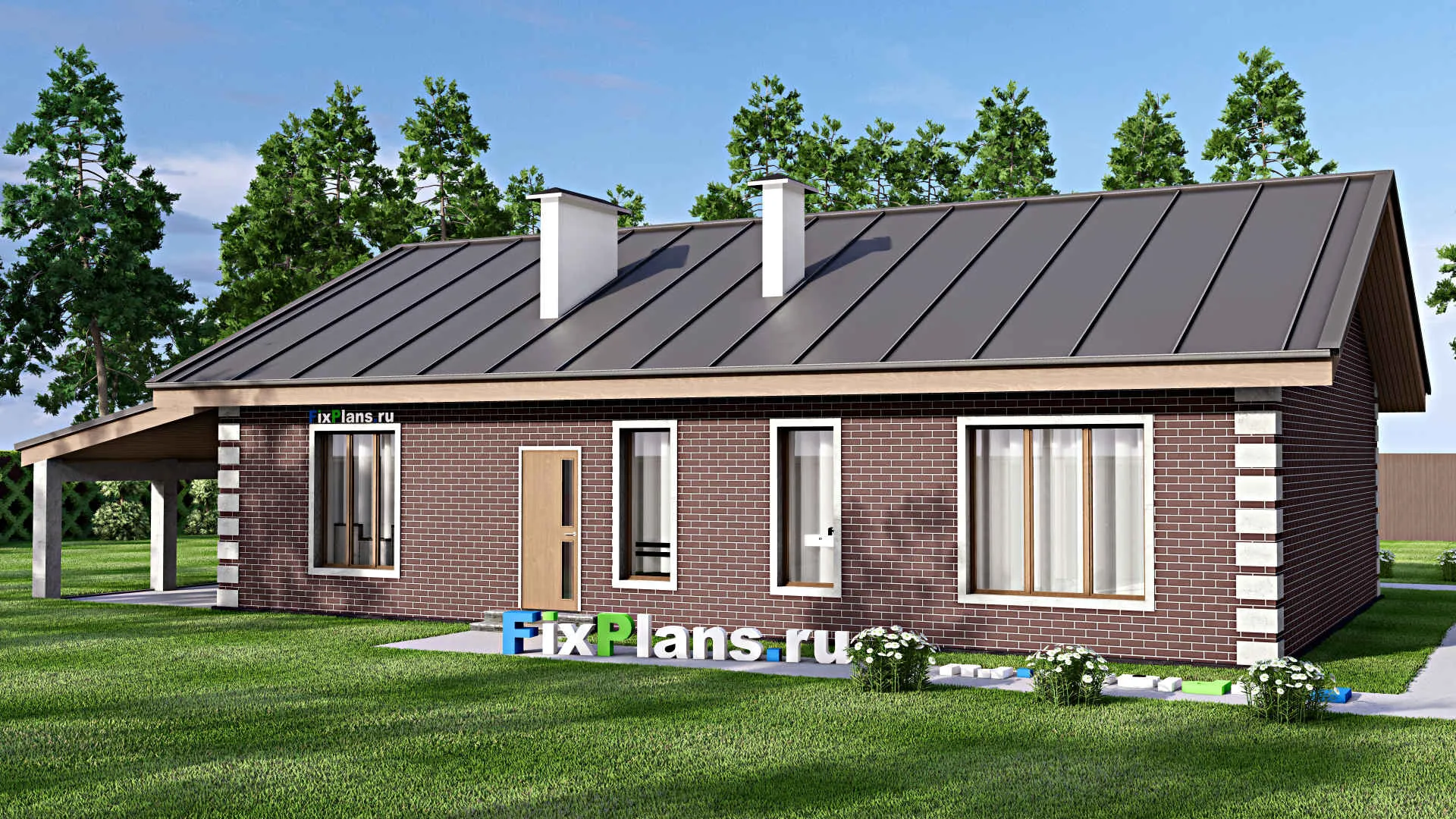 F-13517 - Проект одноэтажного дома 12 на 19, площадью 130 м² с баней и 3 спальнями