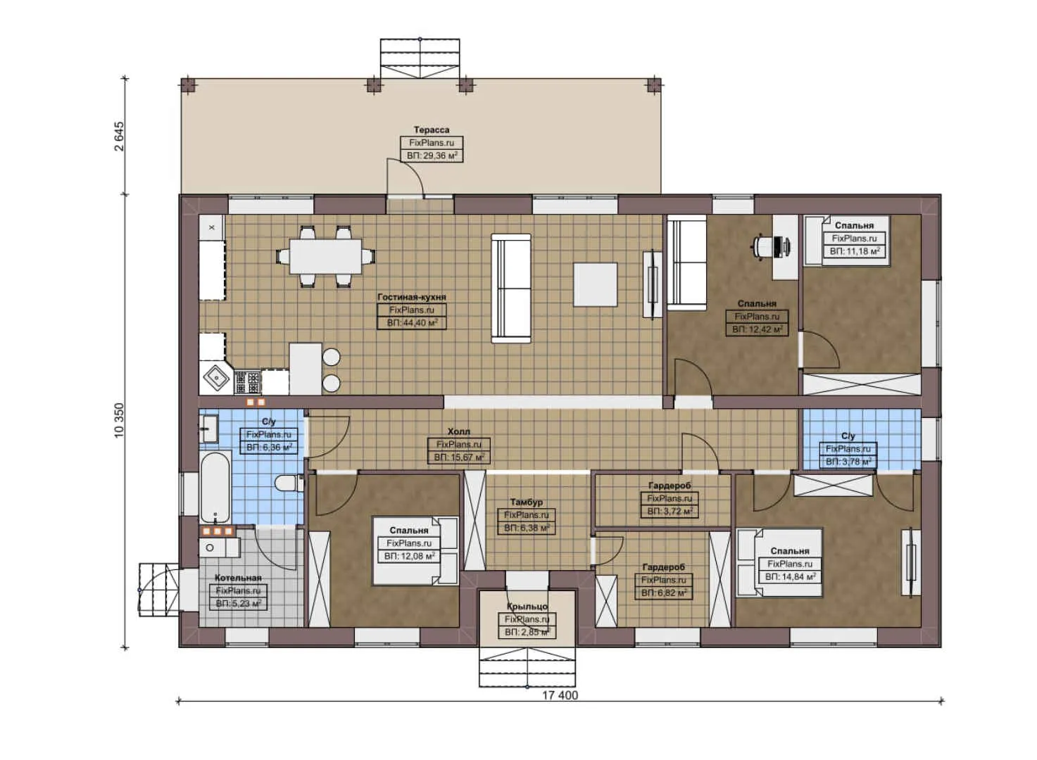 F-5867 - План одноэтажного дома 11 на 18, площадью 180 м² с террасой и 4 спальнями