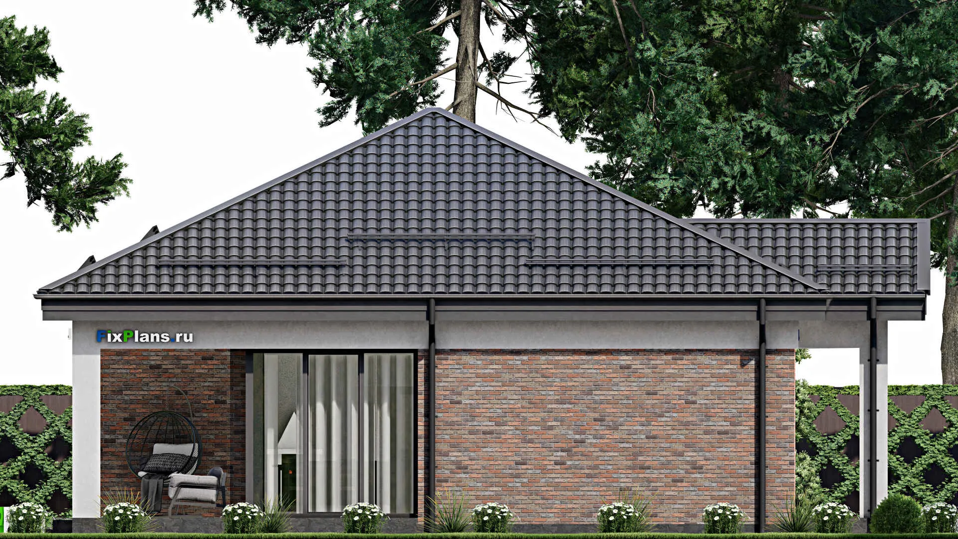 F-2132 - Проект одноэтажного дома 12 на 12, площадью 110 м² с террасой и 2 спальнями