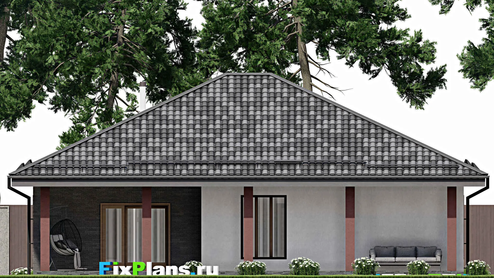 F-9548 - Проект одноэтажного дома 13 на 15, площадью 150 м² с террасой и 2 спальнями