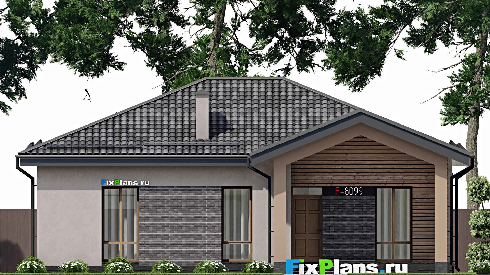 F-8099 - План одноэтажного дома 11 на 14, площадью 120 м² с террасой и 3 спальнями