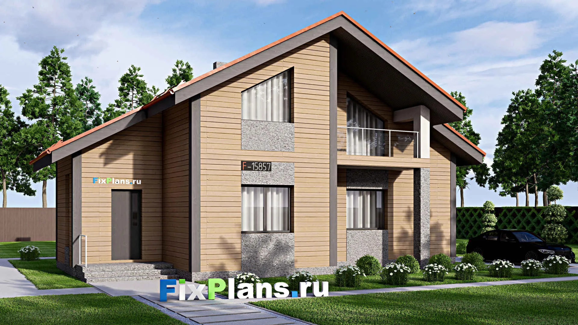 F-15857 - Проект дома с мансардой 12 на 15, площадью 190 м² с террасой, балконом и 3 спальнями