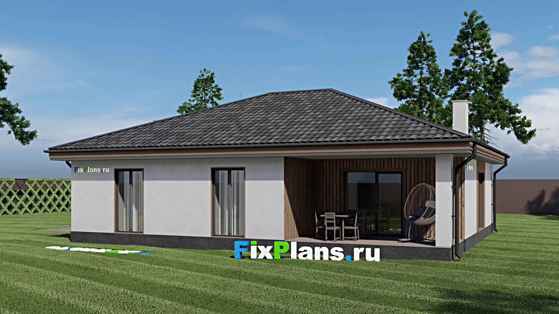 F-1457 - Проект одноэтажного дома 11 на 14, площадью 120 м² с террасой и 3 спальнями