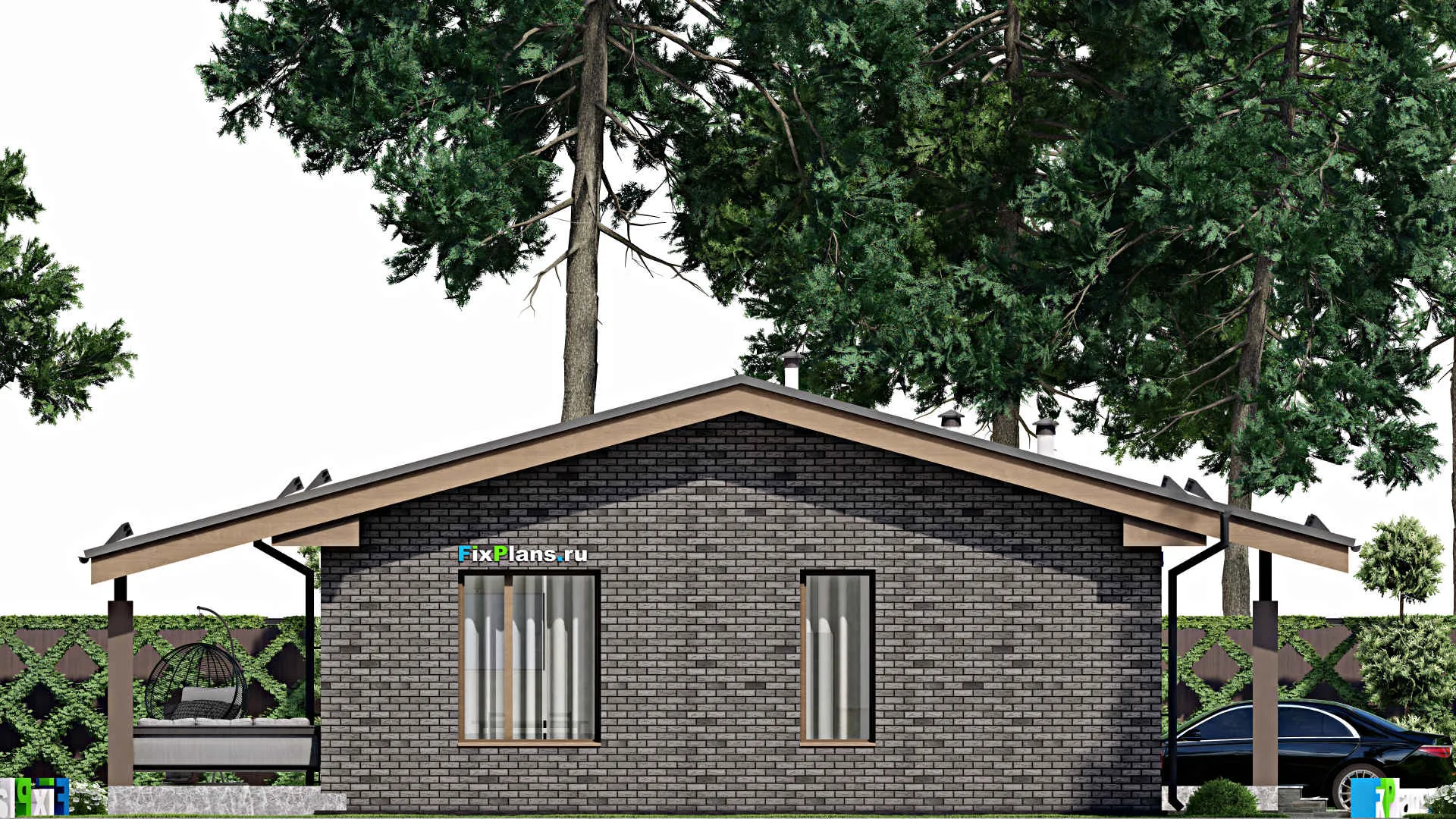 F-9917 - План одноэтажного дома 14 на 14, площадью 130 м² с террасой и 3 спальнями