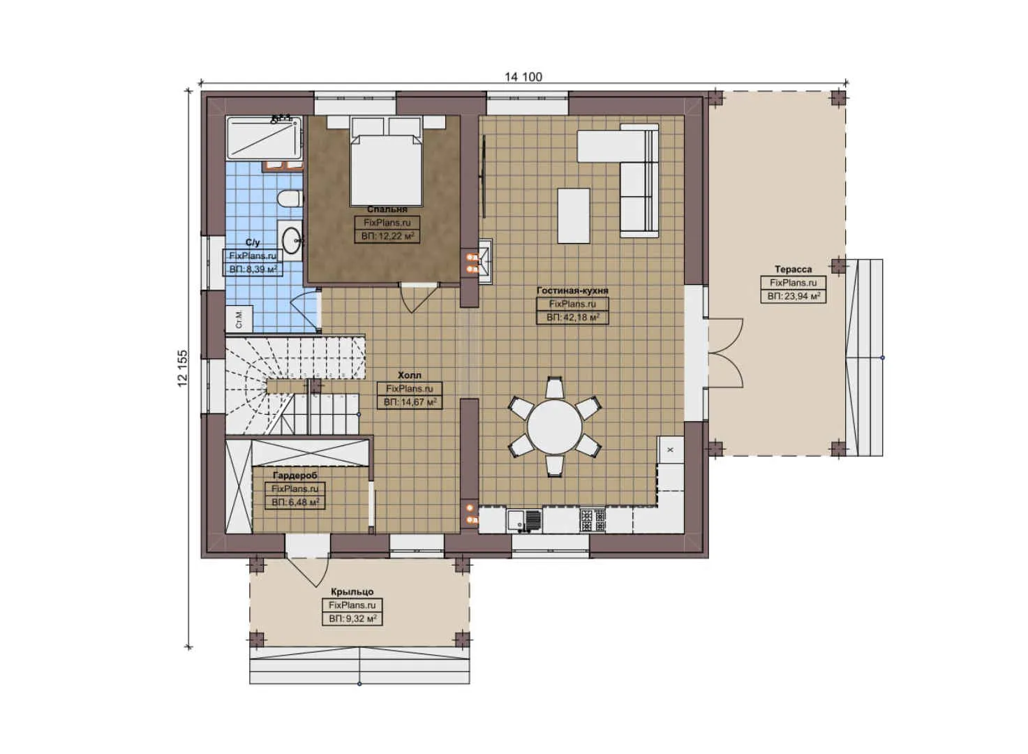 F-9332 - Планы дома с мансардой 13 на 15, площадью 200 м² с террасой и 3 спальнями