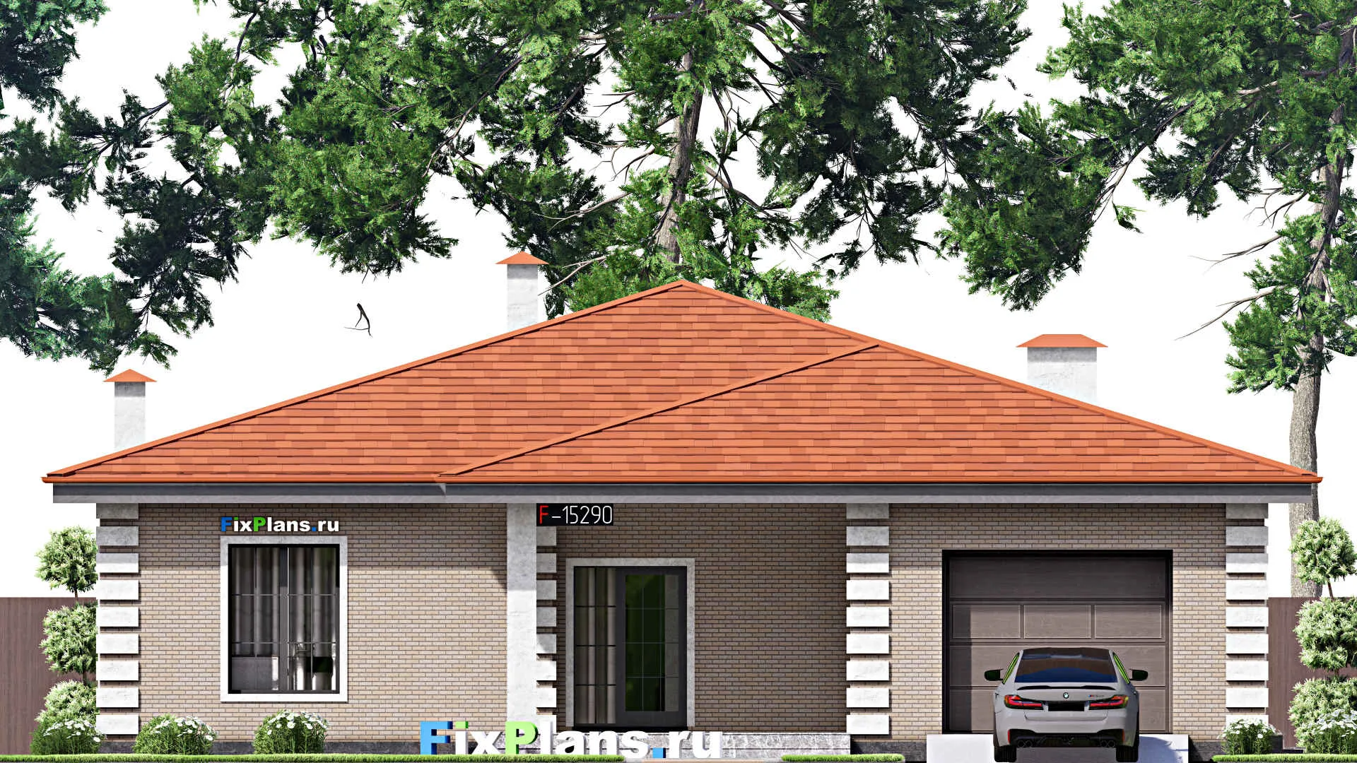 F-15290 - Проект одноэтажного дома 16 на 19, площадью 220 м² с террасой, гаражом на 1 машину и 3 спальнями